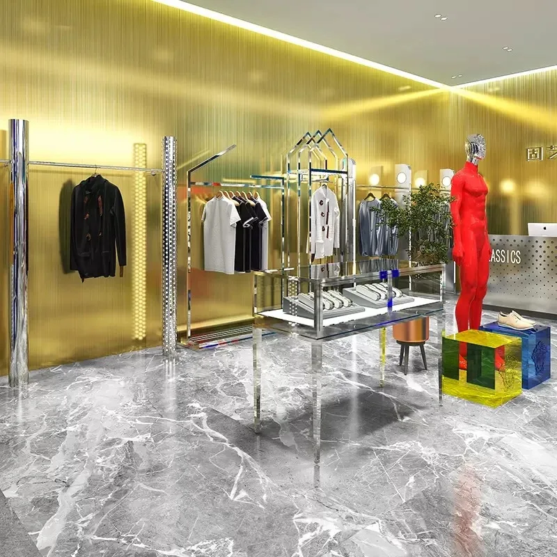 

Customize.High Quality Luxury Men Store Furniture Stainless Steel Metal Wall Mounted Wall Clothing Display Stand Portable Clothe