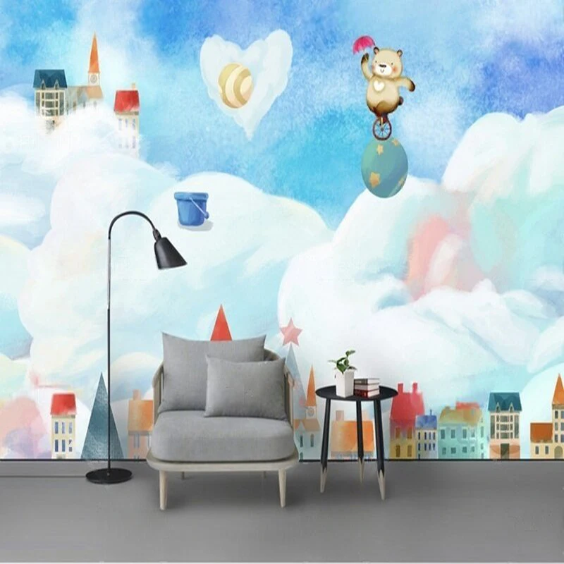 

Modern blue cloud painting house fairy tale children's room TV luxurious home decoration bedroom background wall