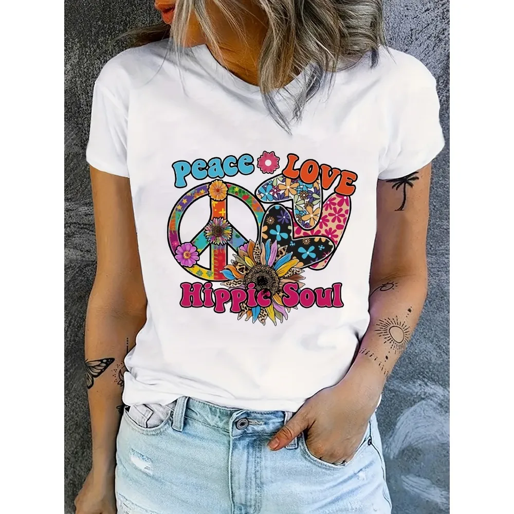 Böhmisches T-Shirt für Damen, Peace Love Hippie Soul Retro Psychedelic Print, Rundhalsausschnitt Kurzarm, lässiges, tailliertes Sommeroberteil