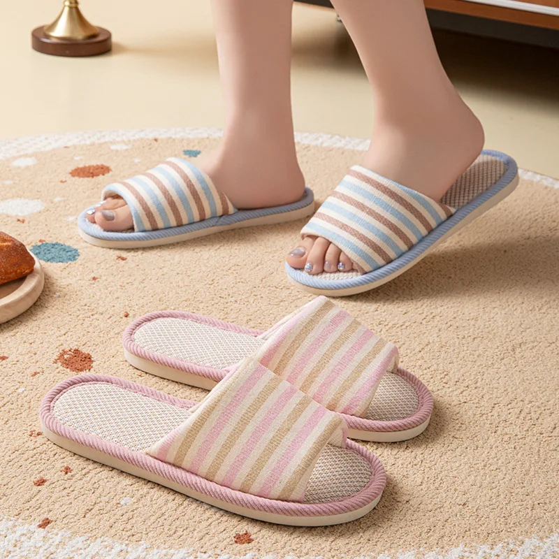 

Linen Slippers Women's Summer Indoor Breathable Anti-slip Soft Bottom Couples Dormitory Indoor Stripe Cool Slippers