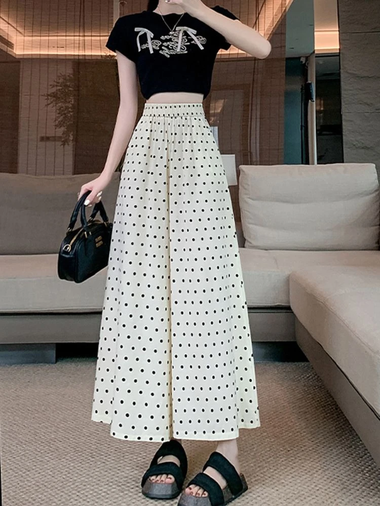 

Жидкие женские брюки, классические корейские модные брюки, эластичные брюки среднего размера, женские брюки 90-х годов, один размер G, хлопковые брюки в горошек