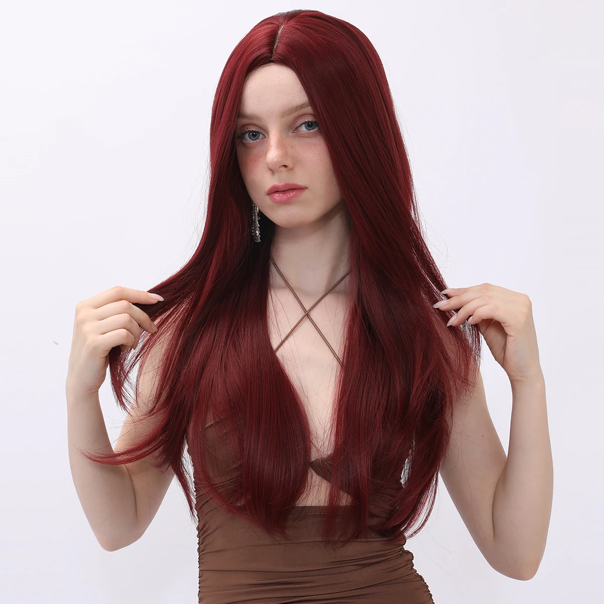 Smilco 26 inch wine red curly hair paired with natural split party women's synthetic wig