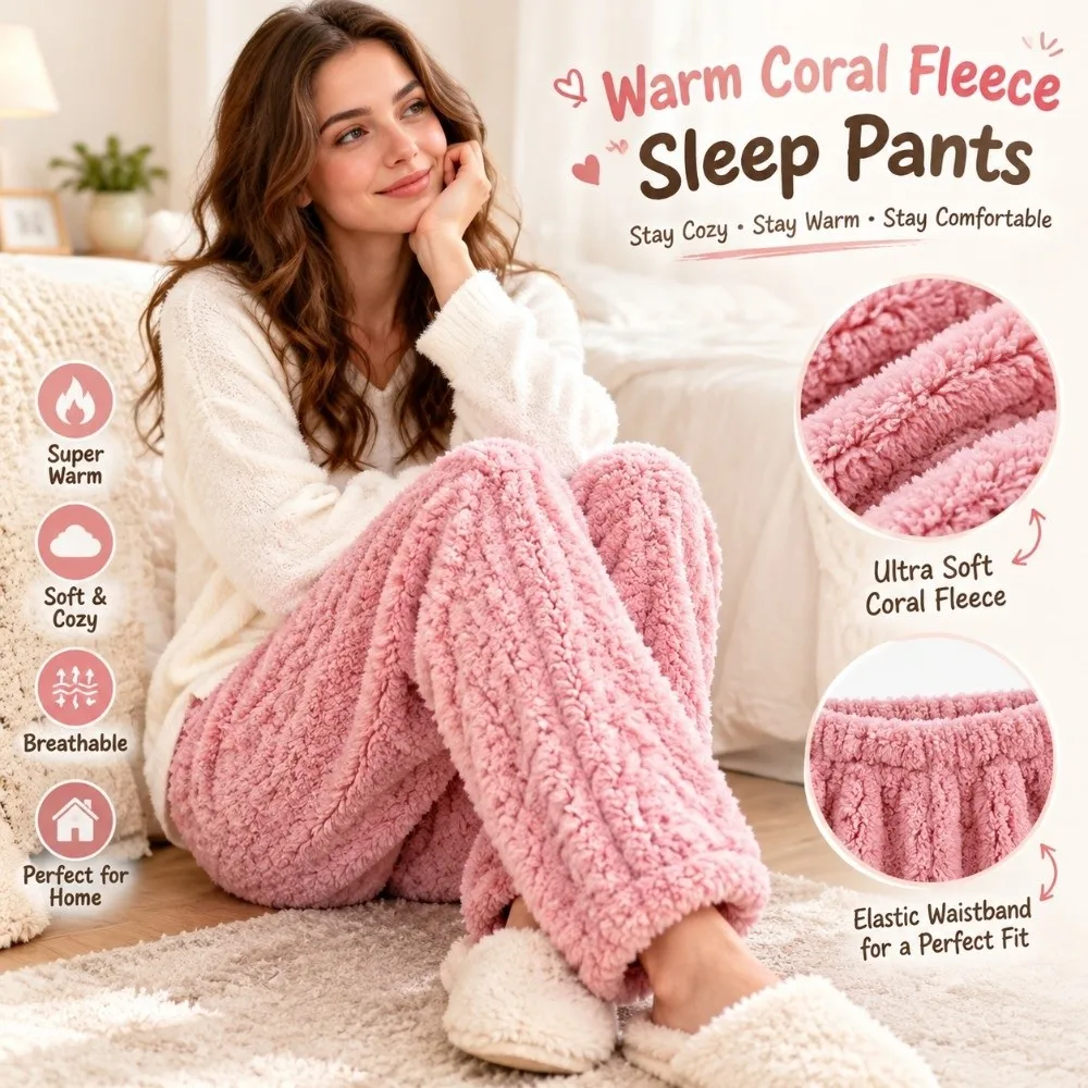 Coral Fleece Thermal Sleep Pants Soft Loose Fit Fleece Home Pants Thickened Solid Color Cable Knit Trousers Cold Weather
