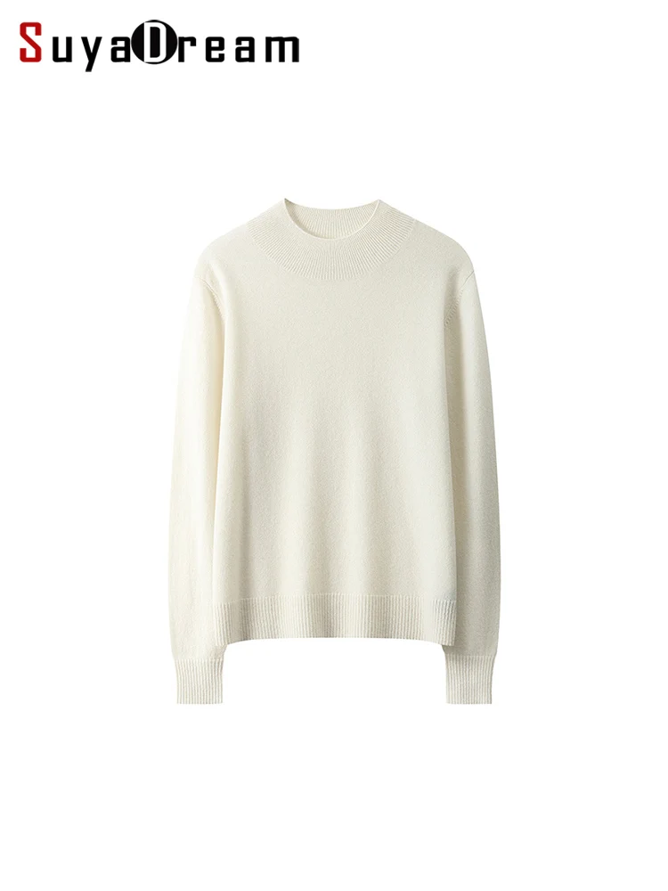 

SuyaDream, Women Basic Pullovers, 100%Sheep Wool, Mock Neck, Plain Knit Sweaters, 2024 Fall Winter Warm Top, Camel, Blue