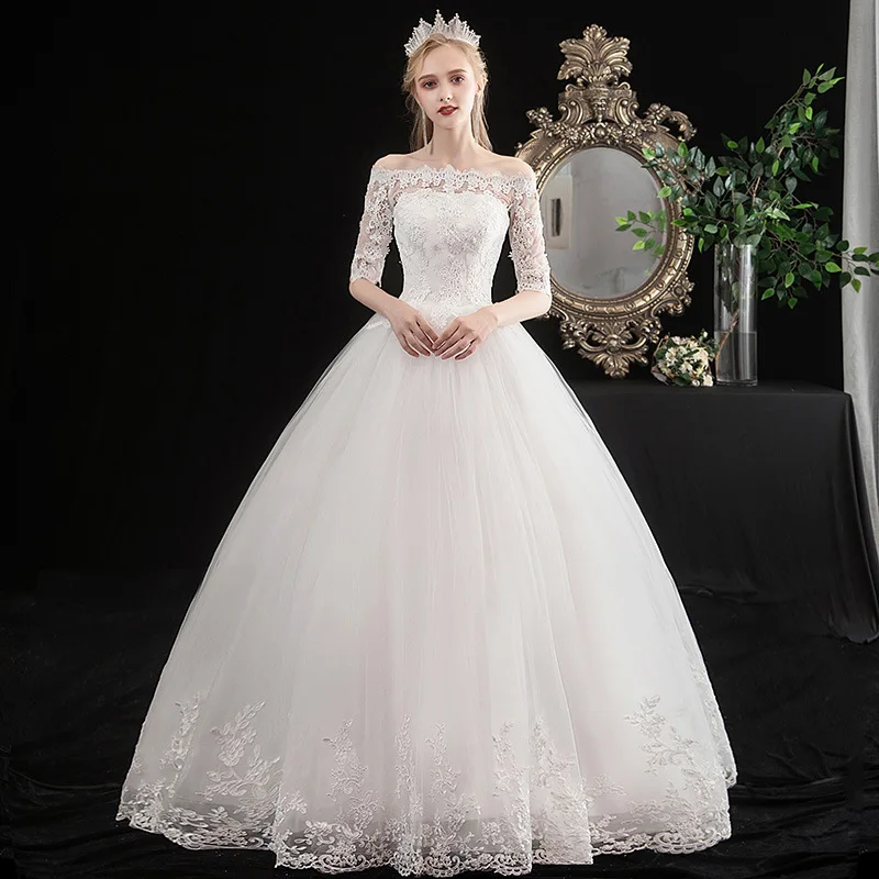 

Appliques Off The Shoulder Organza Wedding Dresses Classic Half Sleeve Vestido De Novia Floor-length Elegant Wedding Party Dress