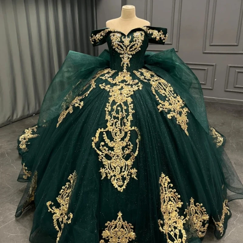 

Черно-зеленое блестящее бальное платье Quinceanera Платья с открытыми плечами Золотая аппликация Кружева с бисером Кристалл Тюль Вечеринка День рождения Sweet 16