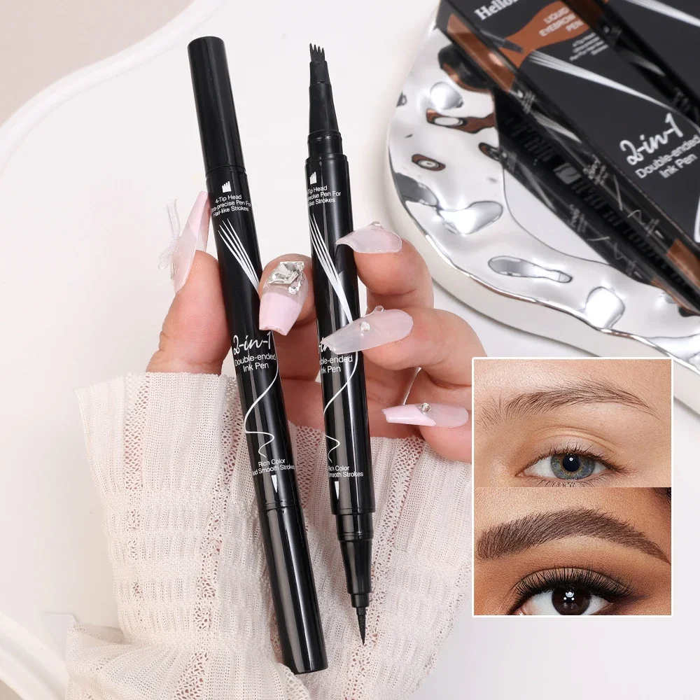 4-vorken tweekoppige vloeibare wenkbrauwpen eyeliner waterdicht langdurig geen vlekken natuurlijk zwart bruin wenkbrauwen potlood cosmetica