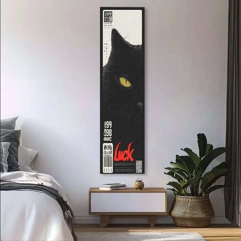 Vertical Long Black Cat Tapestry Vintage Luck Poster Yellow Eyes Barcode QR Code Print Streetwear Aesthetic Wall Hanging Banner