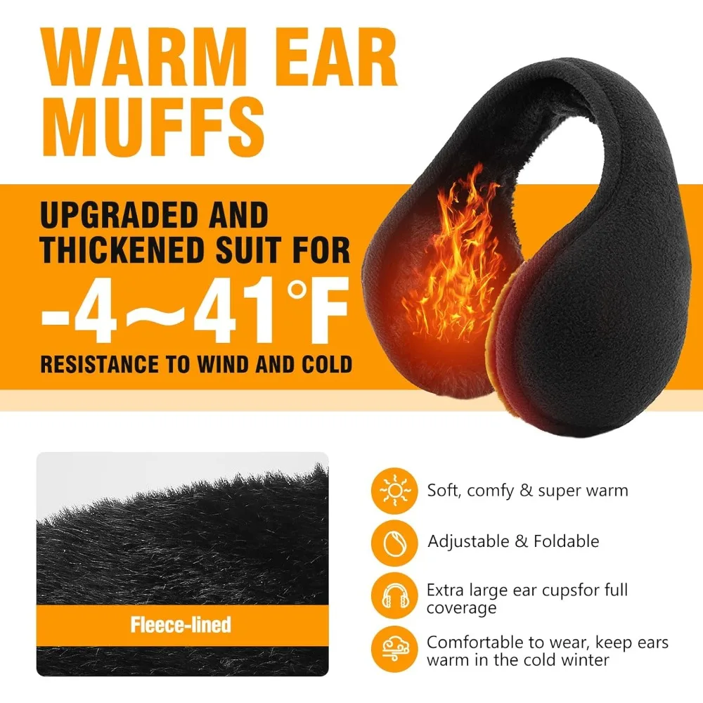 Ear Muffs Winter Women Men Unisex，Adjustable Soft Warm Ear Warmers for Women，Foldable Black Earmuffs for Ear Covers