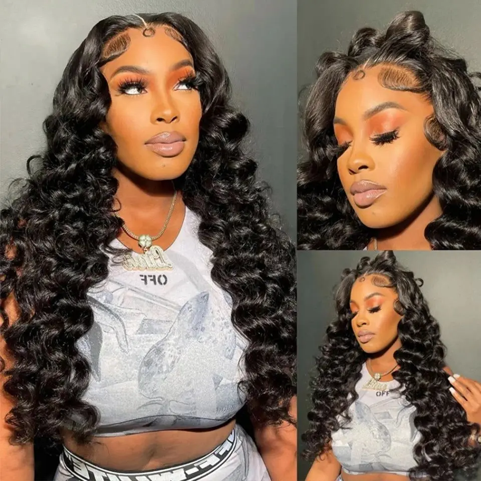 Natural Black 250 Density Loose Deep Wave 13x6 Lace Front Human Hair Wigs Brazilian 30 40 Inches Curly Water Wave HD 13x4 Lace Frontal Wig view 5
