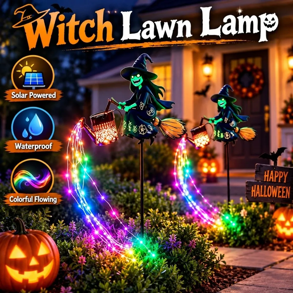 Solar Powered Witch Lawn Lamp Waterproof Watering Can Lantern Witch Garden Light Flying Witch LED Halloween Decoration