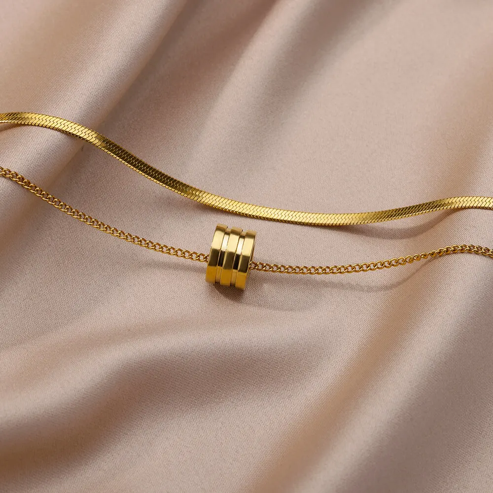Stainless Steel Double Layer Thick Round Pendant Necklace For Woman  Fashion Sweater Chain Christmas Jewelry Gift Dropshipping