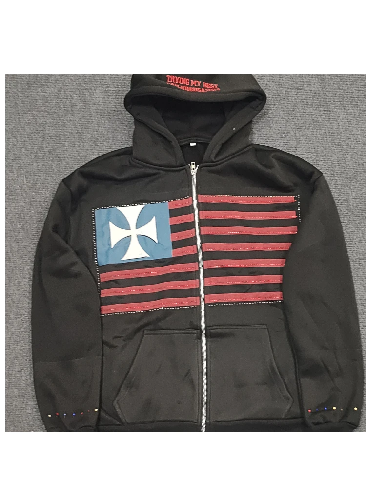 

Retro personalized pattern letter print pocket, trendy loose hooded hip-hop cardigan, sports shirt for couples