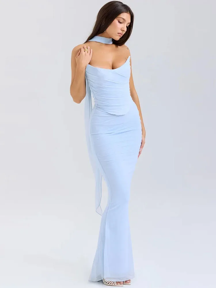 

Элегантный комплект из 2 предметов BKQU: платье и шарф, женский сексуальный топ без бретелек и длинное платье, модный комплект 2026 года, вечернее платье для женщин