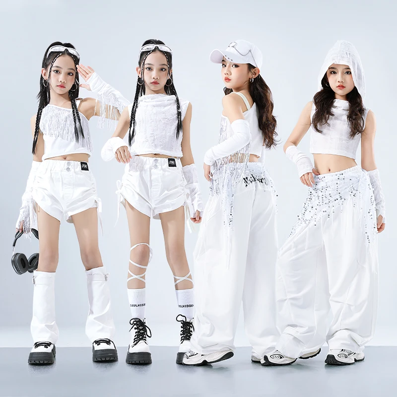 

Kids Girl High Street Dance Style Clothes Set Hip Hop Tracksuit White Top And Bottom Performance Outfit Child Hiphop Costume