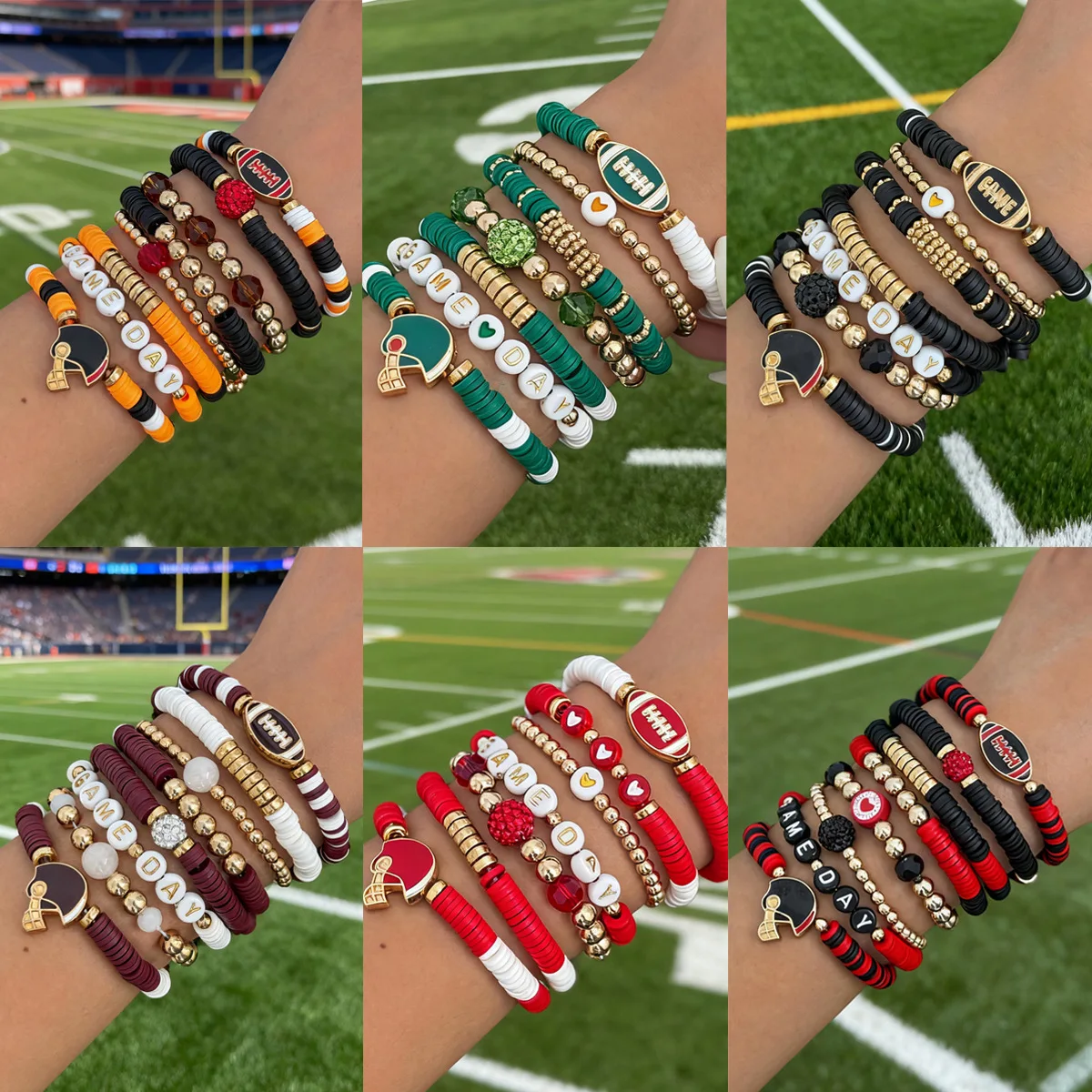 KMVEXO لعبة يوم بوليمر كلاي مطرز كرة الرجبي سوار مجموعات للنساء الرجال رسالة سوار رياضي الإسورة معصمه مجوهرات الحفلات