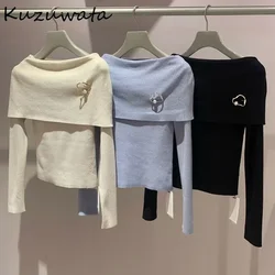 Kuzuwata Elegant Slash Neck Long Sleeve Sweaters Simple Pullover Love Pins Jumper Japan Shoulder Strapless Solid Sweet Knitwear