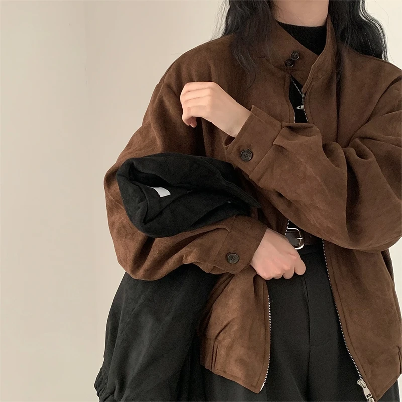 

American Retro Brown Faux Suede Coat Women Fashion Lapel Solid Zipper Short Jacket 2025 Autumn Winter Long Sleeve Zipper Outwear