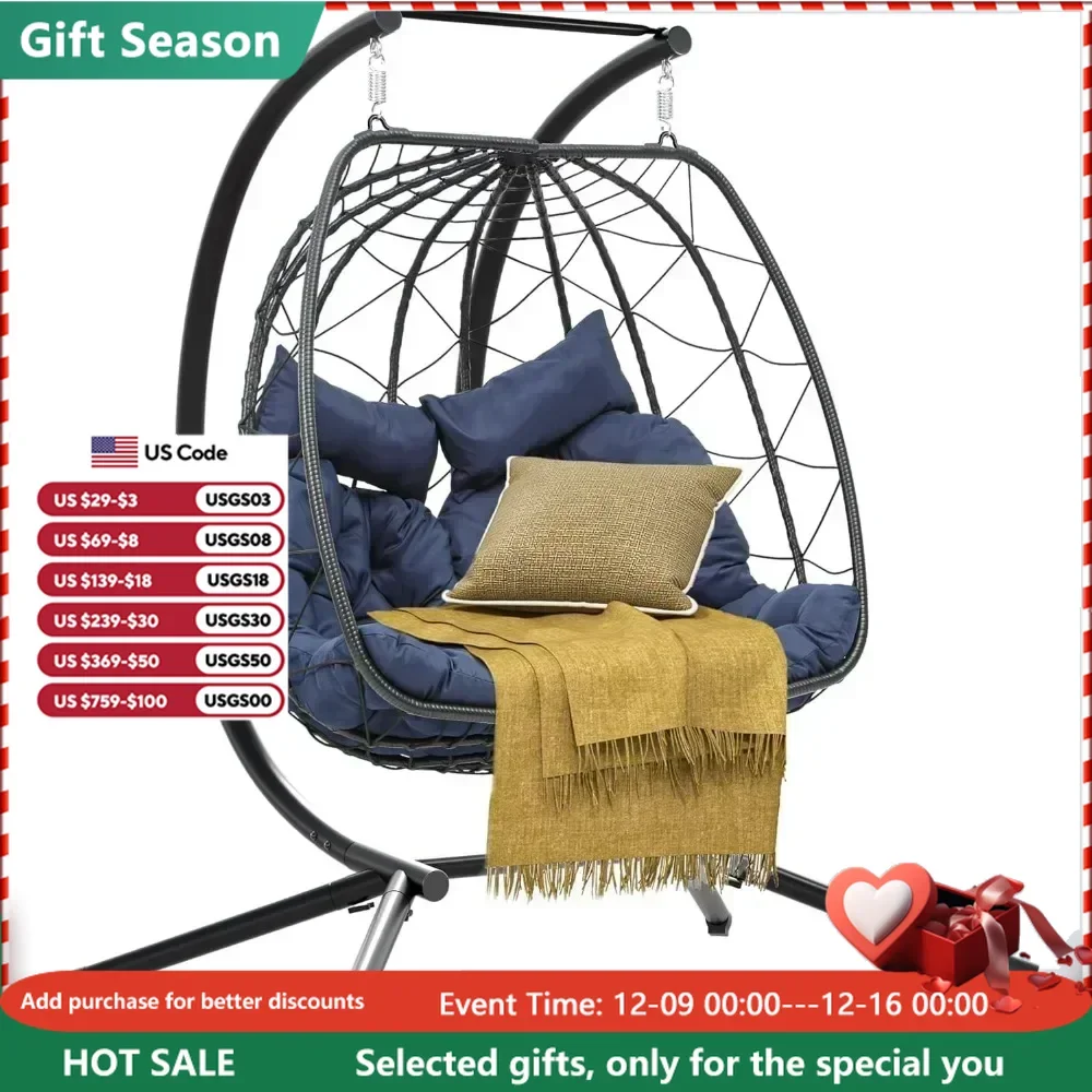 Doule Egg Hanging Swing Chair with Stand Egg Chair Wicker Indoor Outdoor Hammock Egg Chair with Cushions, Living Room chairs