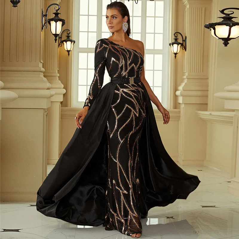 New Delicate Black Arabian Evening Dress Long Shawl Open Back One Shoulder Sequins Special Occasion Prom Party Dress