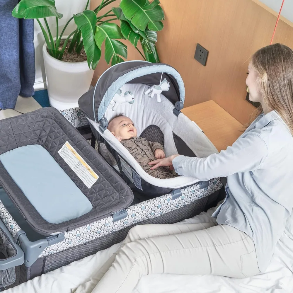 5 in 1 multifunktion ales Pack and Play, faltbares Qutanix-Babybett mit Stuhlgang, Wickelt isch, Neugeborenen-Napper mit Baldachin