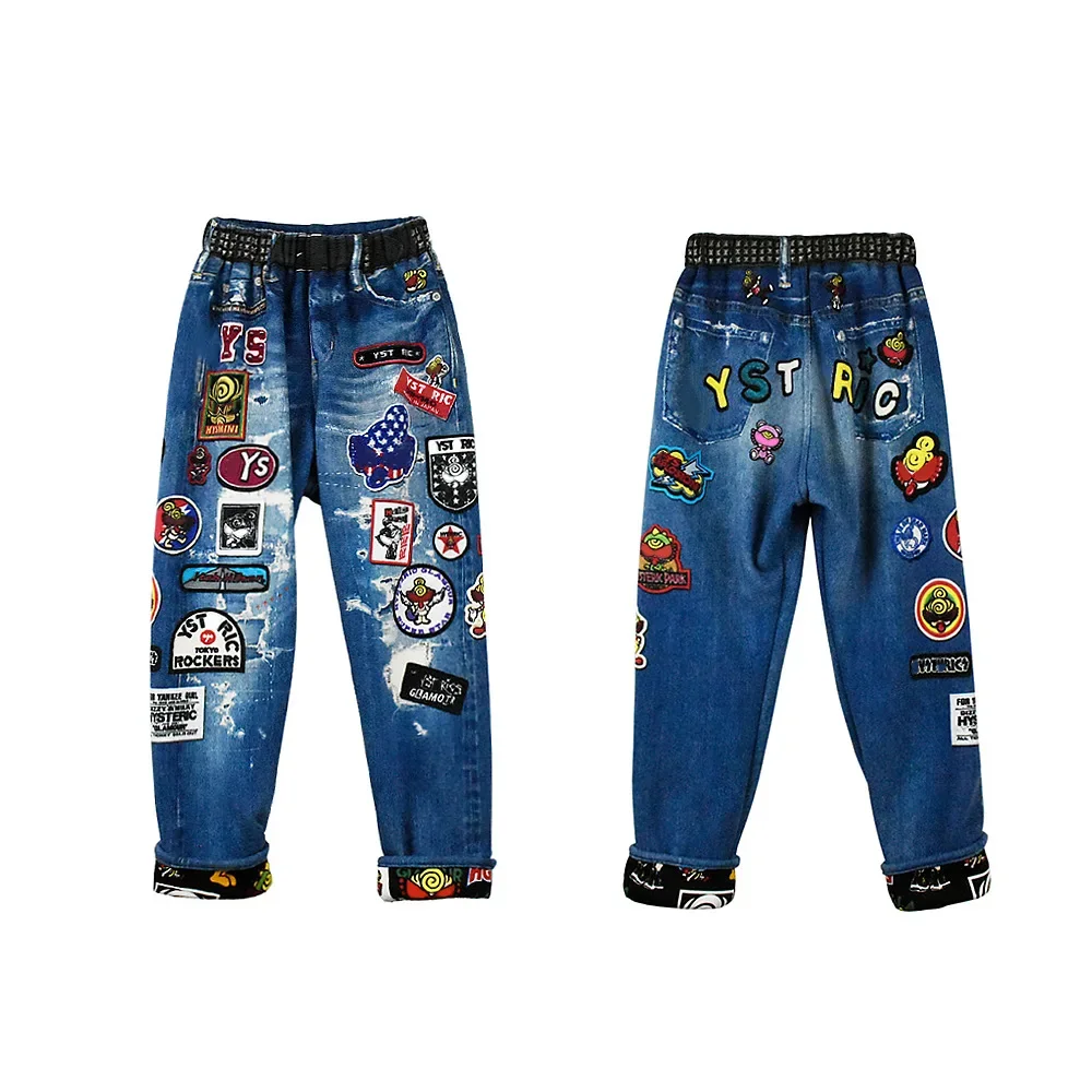 

Boys' Pants 2023 New Spring and Autumn Fashion Brand Japanese Style Badge Element Imitation Denim Denim Rolled Trousers