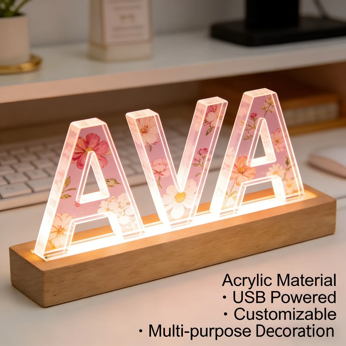 Personalized Acrylic LED Name Light for Wedding, Custom Text Decor Light for Anniversary, Floral Warm White Lamp with Wooden Ba