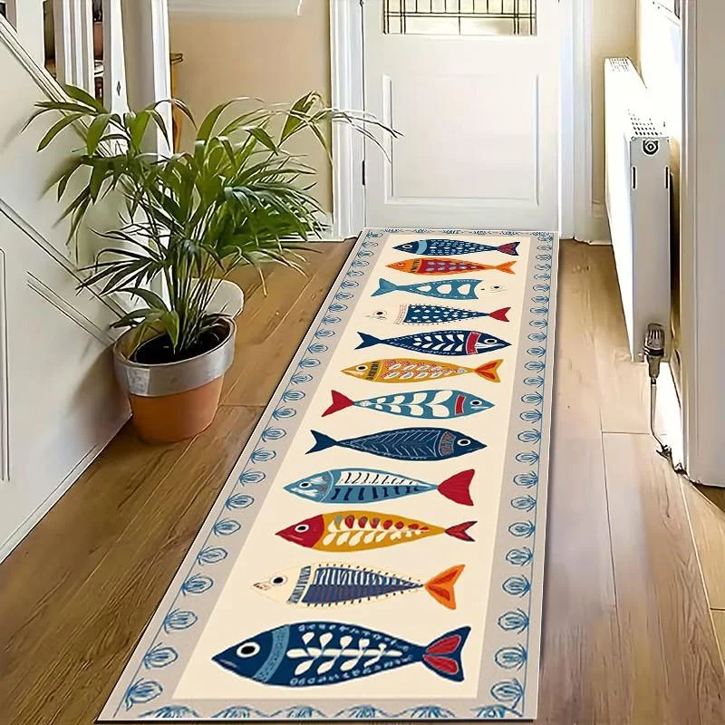 VIKAMA Cartoon Fish Runner Rug Anti-Slip Stain-Resistant Kitchen Floor Mat Spit-Out Hallway Rug Home Decoration