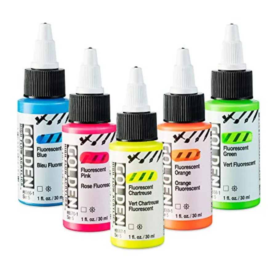 

Golden High Flow Acrylic Paint Set, 5-Color Fluorescent Set Pink, Blue, Chartreuse, Green, Orange 1 Ounce