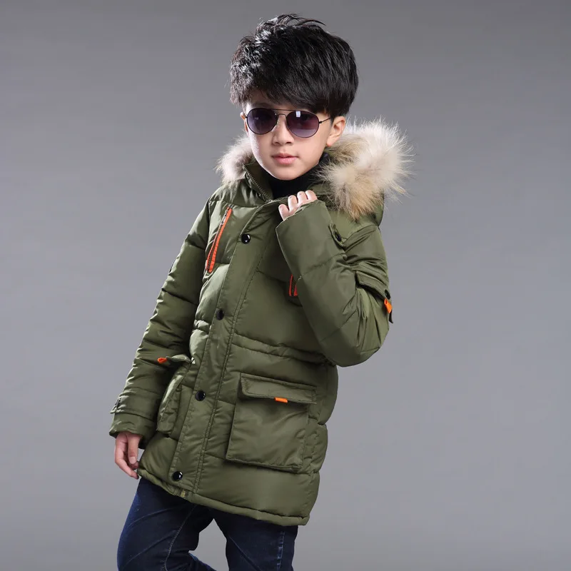 Children\'s down jacket new winter boys\' and girls\' Plush warm medium length jacket hooded large wool collar cotton padded jacket