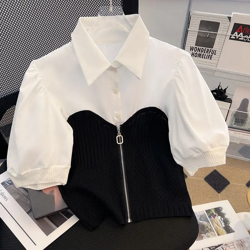 Camicia lavorata a maglia estate nuova francese dolce cucitura colletto POLO unico e chic risvolto manica corta finta due camicie