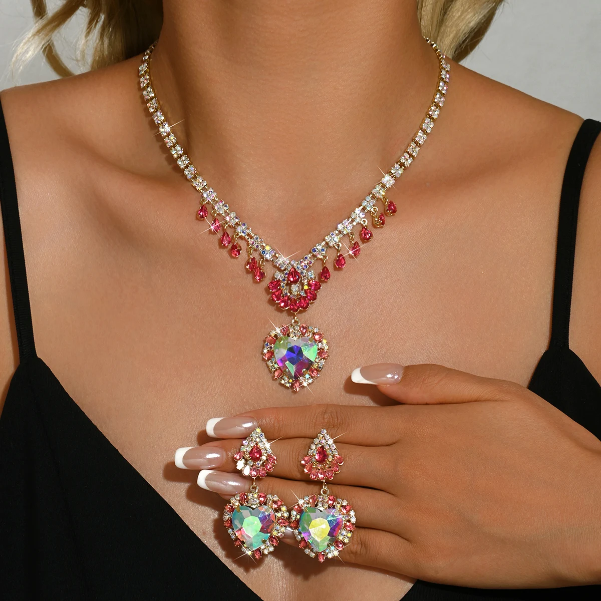 Women Fashion Photoshoot - Women Gold AB Heart Pink Rhinestone