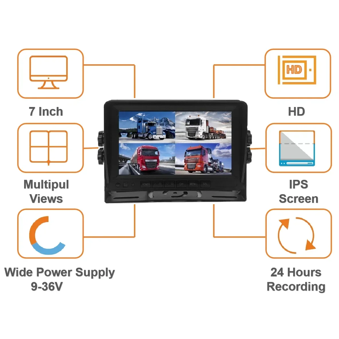 9-36v 1080p cctv set Heavy duty wide angle car dvr 4 camera dash cam dvr 7 inch quad m onitor bus truck camera system