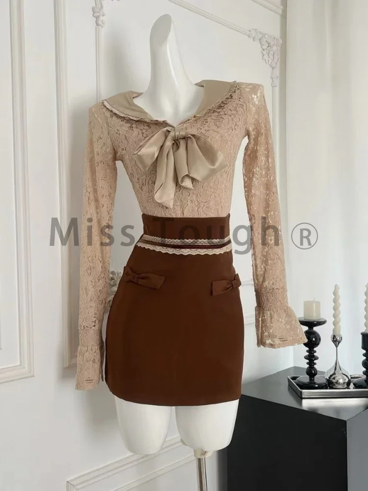 French Fashion Design Sense Sweet Two Piece Set Women Bow Lace Retro Tops + Brown Slim Skirt Winter New Elegant Party Suit 2024