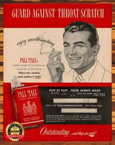 Pall Mall - Cigarettes - 1950s - Restored - Metal Sign