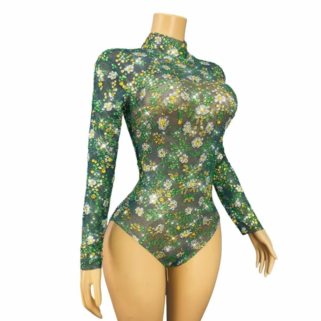 Seksowny, błyszczący strój sceniczny, ręcznie robiony kombinezon z siateczki i dżetów, damski kostium na wesele, urodziny, pokaz mody, występ.