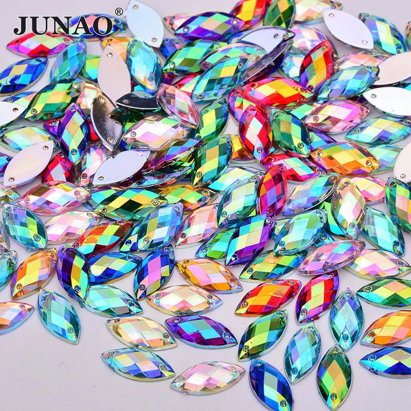 JUNAO 500Pcs 7*15mm Sewing Aquamarine AB Horse Eye Acrylic Rhinestones Leaf Shape Flat Back Strass Stone For Women Dress