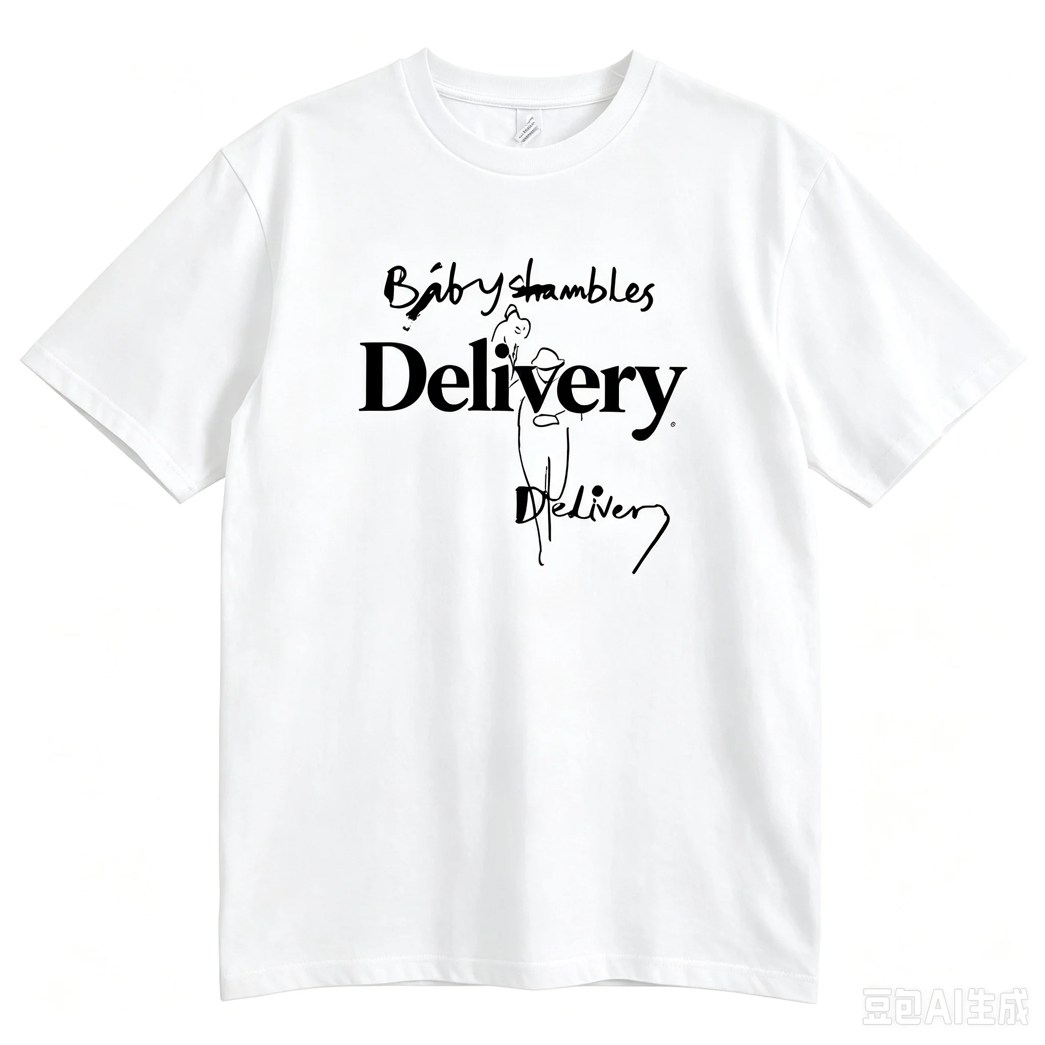 Men Graffiti Sketch Figure Graphic T‑Shirt Handwritten Letter Print Crew Neck Short Sleeve Streetwear Tee