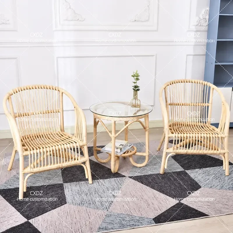 Natural Rattan Chair 3 Piece Set Outdoor Patio Furniture Balcony Leisure Recliner for Elderly Bed and Breakfast Customizable