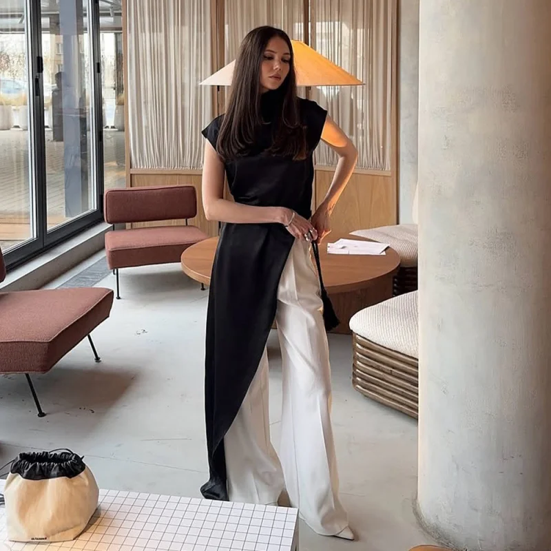 European and American Style Elegant Half High Collar Satin Sleeveless Top Solid Color Diagonal Cut DrapedTShirt