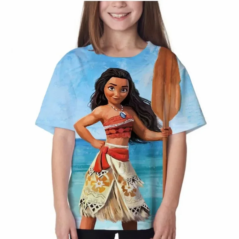 2024 New Summer Disney Cartoon Movie Moana Girls Cartoon T-Shirts Kids Short Sleeve Fashion Tees Tops Children Casual TShirts