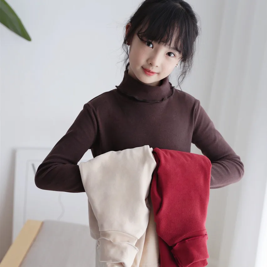 Korean Spring Autumn Junior Girl Plus Velvet Undershirt School Girl Striped Thicken Long Sleeve Tops Child Girl Warm Turtleneck