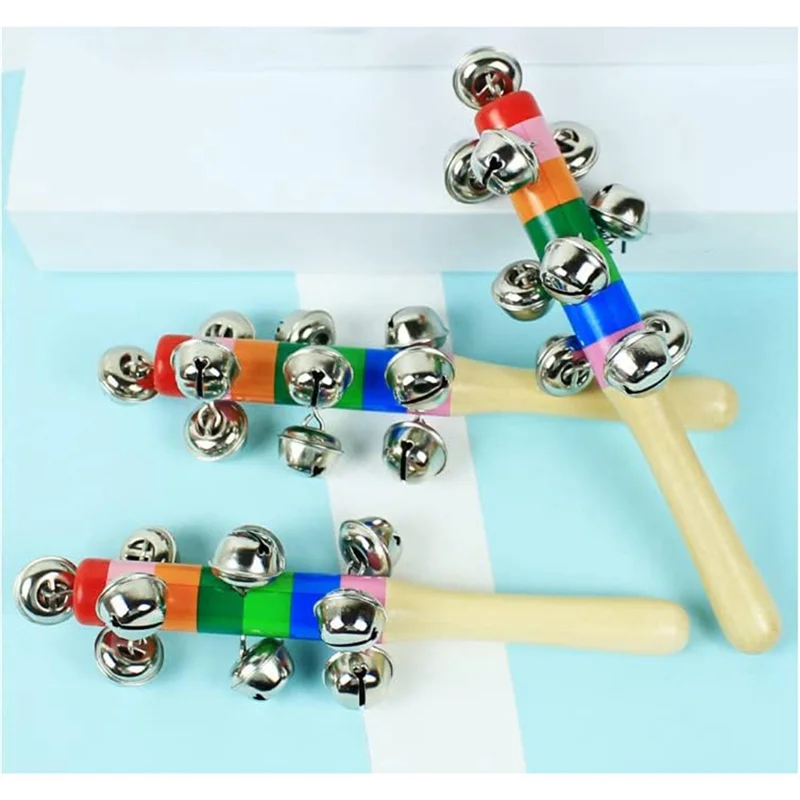 4 Pcs Hand Jingle Bells, Rainbow Handle Wooden Bells Jingle Stick Shaker Rattle Baby Kids Children Musical