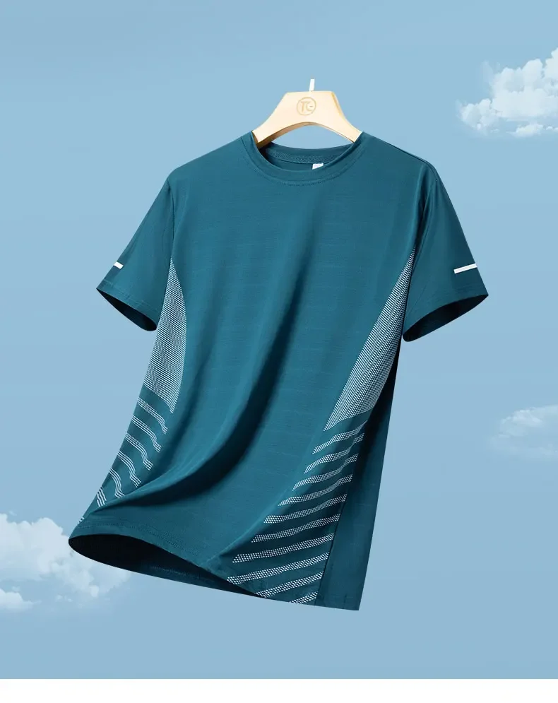 Lauf-T-Shirt für Herren, Sommer, Eisseide, dünnes Oberteil, reflektierender Druck, schnell trocknend, kurzärmelig, atmungsaktiv, Fitness-Sport-T-Shirt, 5XL – Detail 8