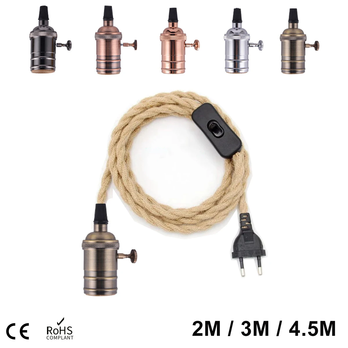 

EU Plug Power Cord Twisted Hemp Rope Decorative E27 Socket Copper Lamp Base Cable 2M 3M 4.5M 220V Electrical Wire For Lighting