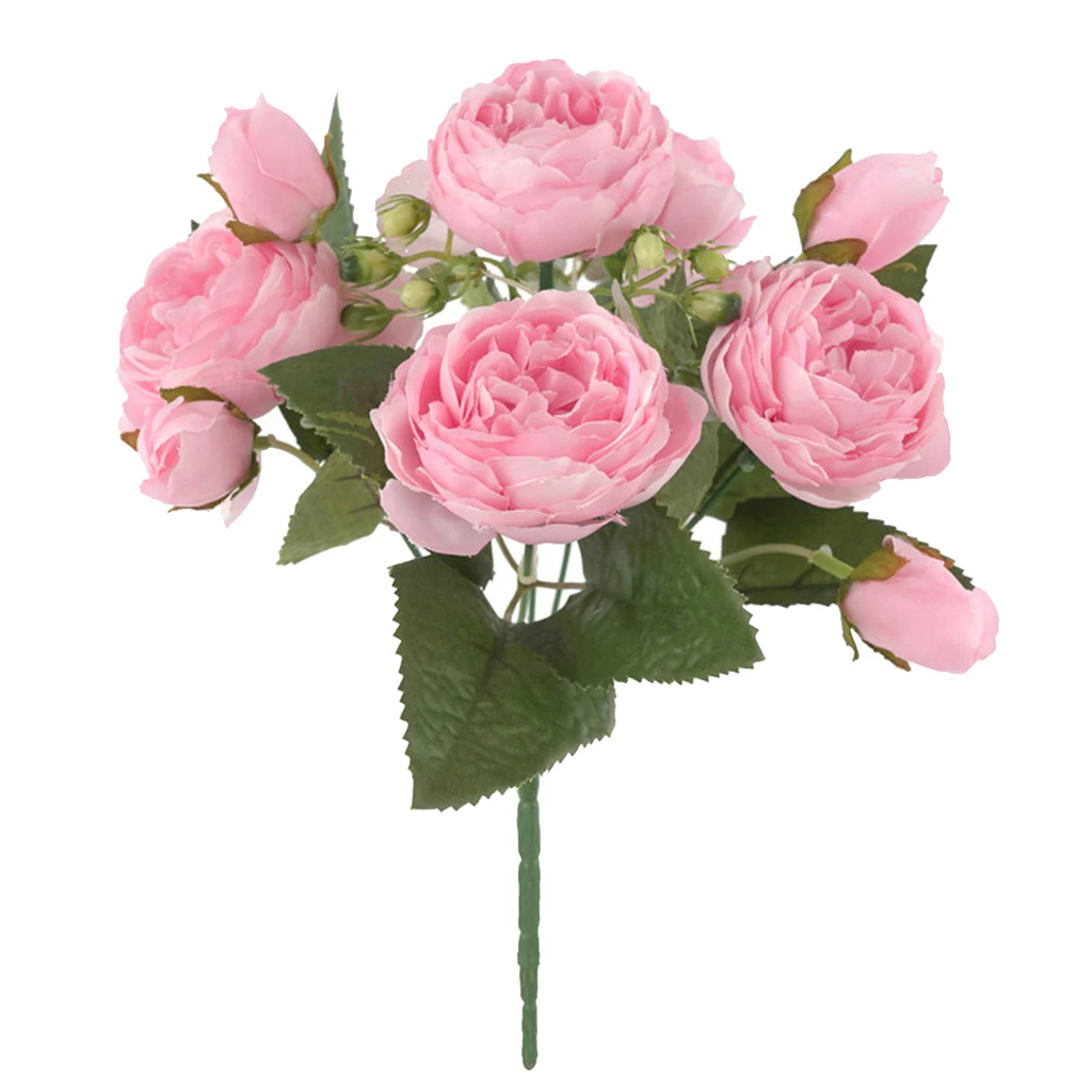 Artificial Peony Flowers Bouquet Fake Flowers Holding Flowers for Wedding Bridal Home Decoration, 5 Forks, 9 Heads, A