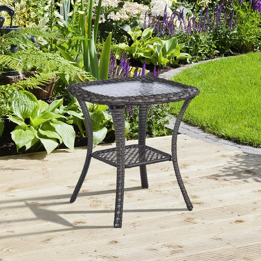 

Patio Wicker Side Table Outdoor PE Rattan End Table with 5mm Tempered Glass Top and 2-Tier Storage Shelf 20 Square Coffee Table