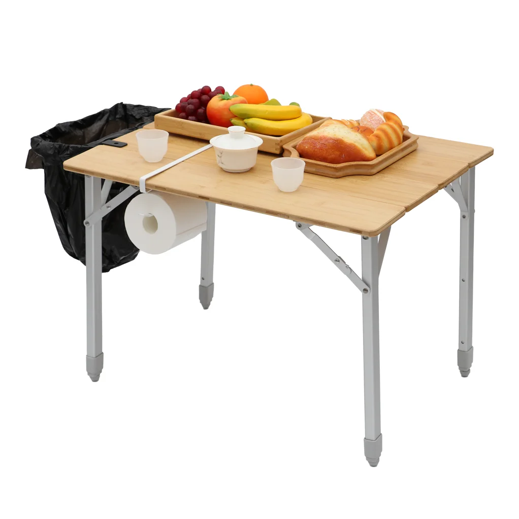 

Portable Bamboo Outdoor Table Adjustable Wood Camping Tables Folding Bamboo Picnic Table with Trash Bag Rack and Napkin Holder