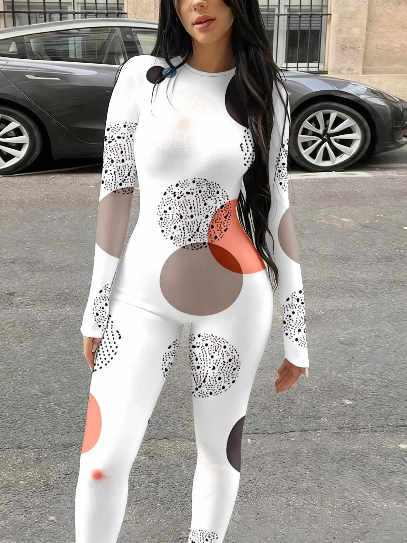 Round neck long sleeved jumpsuit with elastic fabric, tight pants for body shaping, women's clothing