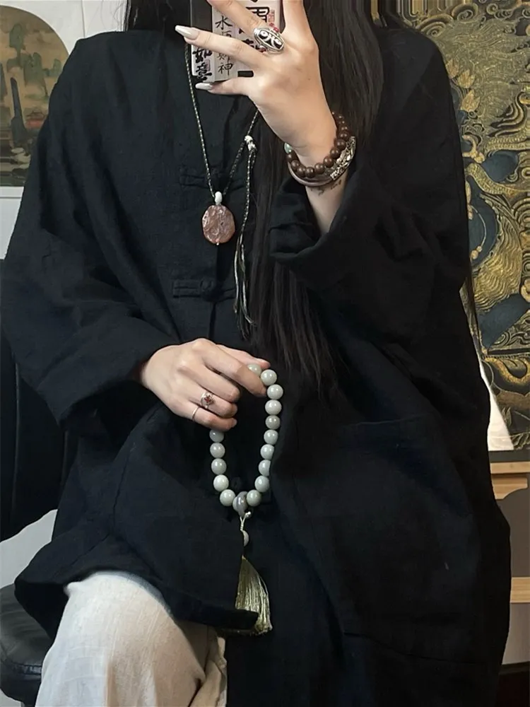 

Chic Chinese Sle Women's irt Cotton Linen Long Sve Button up Loose Fit Pure Color Commute Faion Spring New Arrival